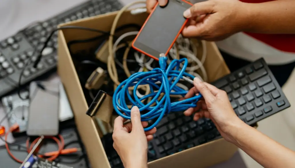 People putting old electronics into a cardboard box to simplify the recycling process.|Various electronics in a box being recycled.